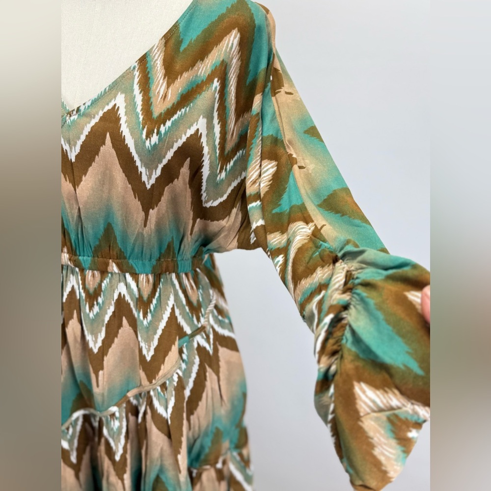 ARIAT Teal & Brown Chevron Tiered Long Sleeve mini Dress size S - Picture 4 of 13